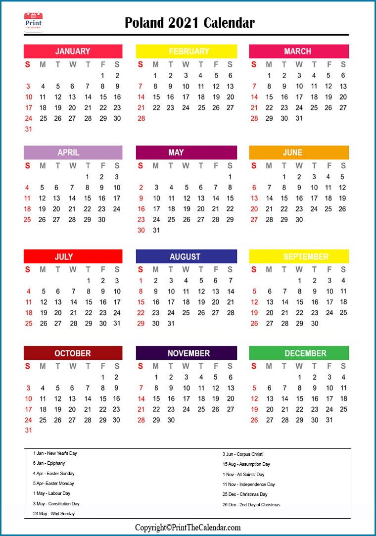 Poland Printable Calendar 2021